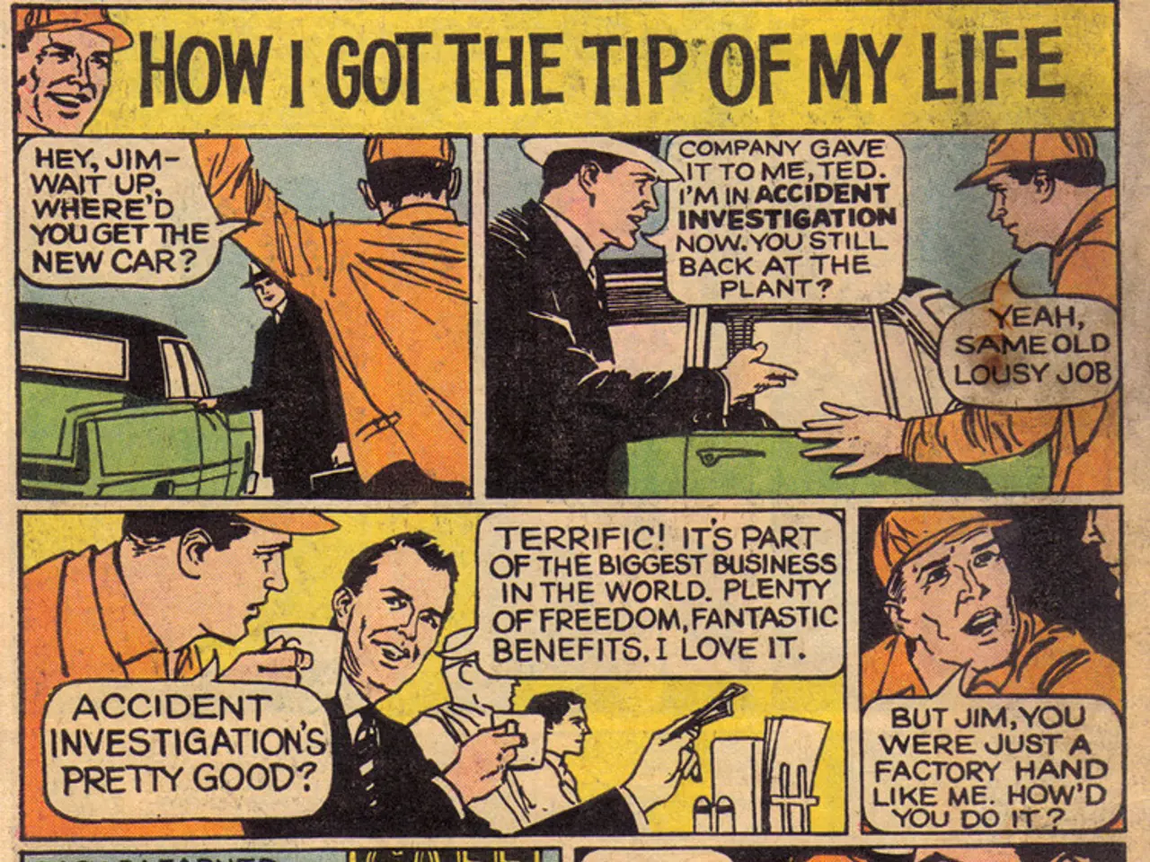 In this image there is a paper. In this paper we can see people, car, chairs and text.