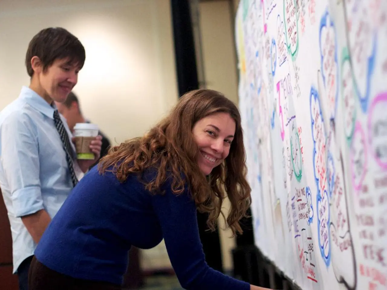 In this image we can see one white board with text attached to the wall on the right side of the...