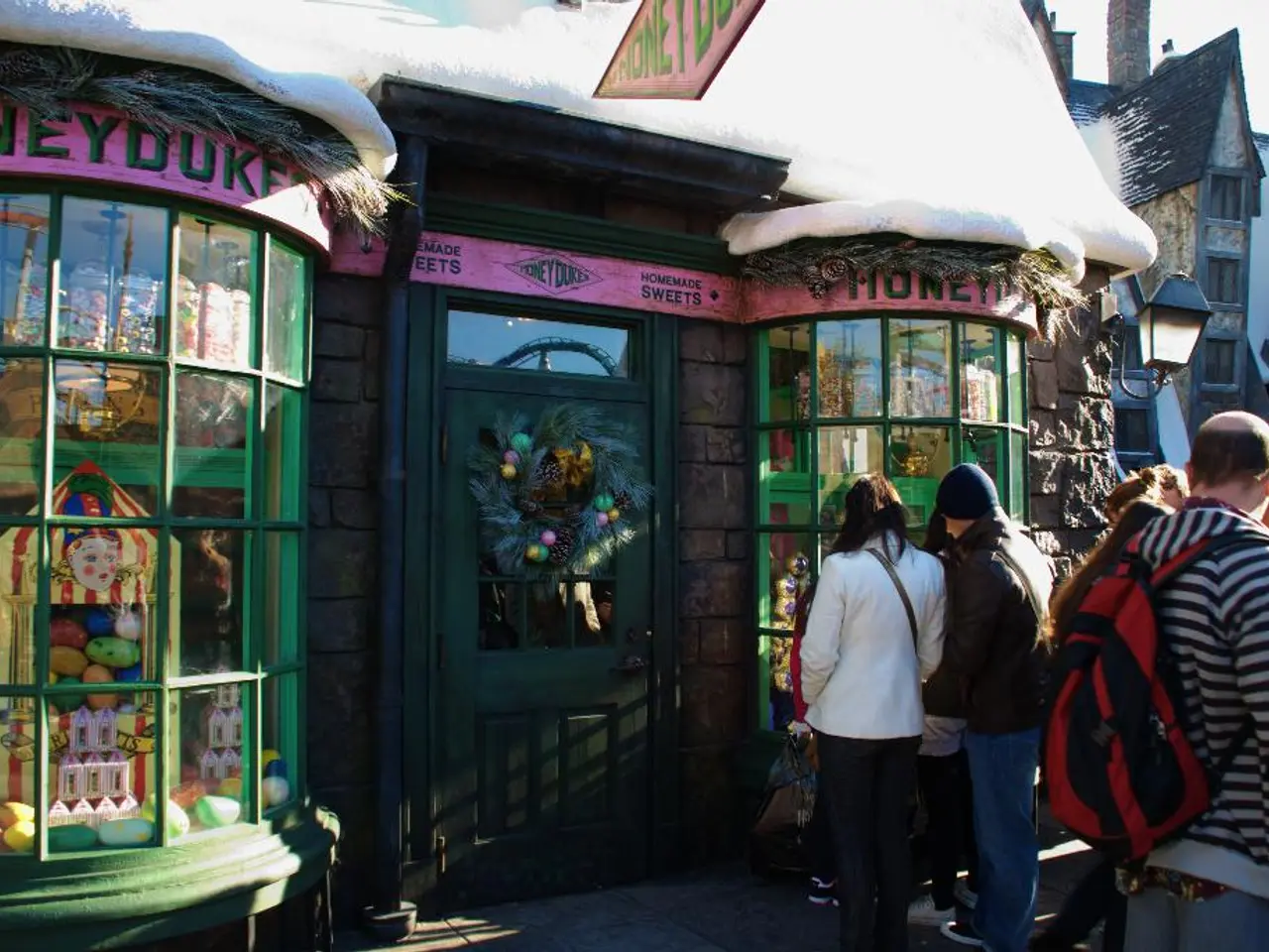 In this image there is a shop , garland to a door, light , toys inside the shop , group of people...