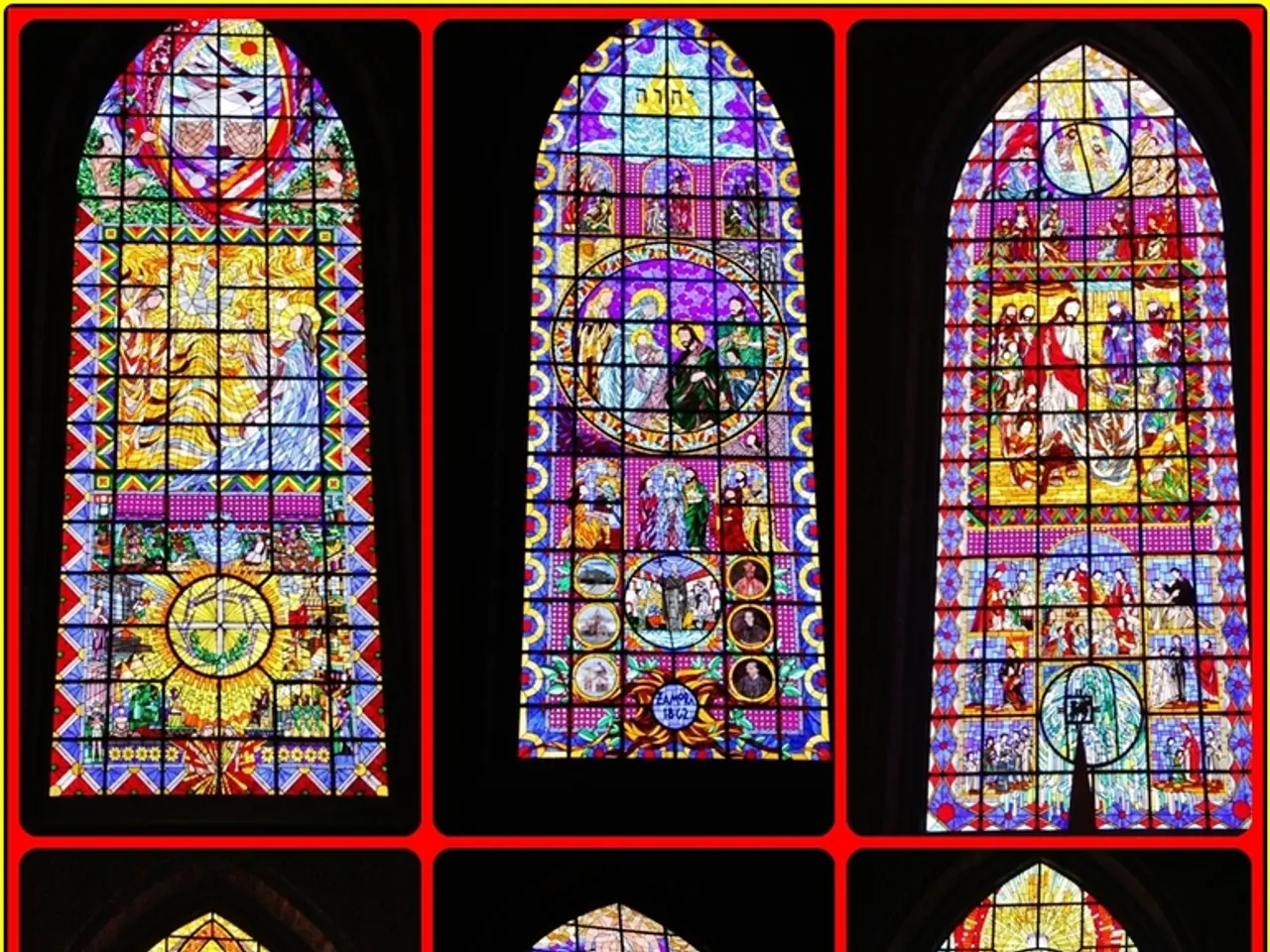 In this image we can see a collage of pictures of stained glass.