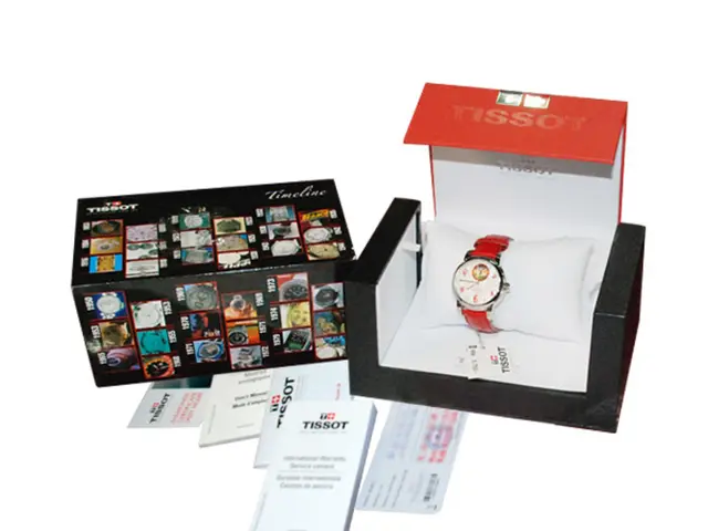 In this image we can see a watch in a box. We can also see a box with some pictures and some papers...