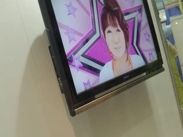 In this picture we can see a television on the wall and in the background we can see some objects.