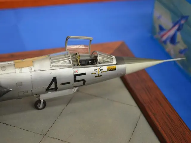 In this image we can see one toy aircraft on the board, three objects on the blue surface, one blue...