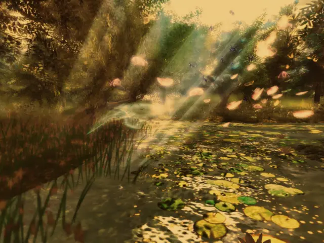 In this picture we can see an edited image of the pond water in the front. Behind we can see some...