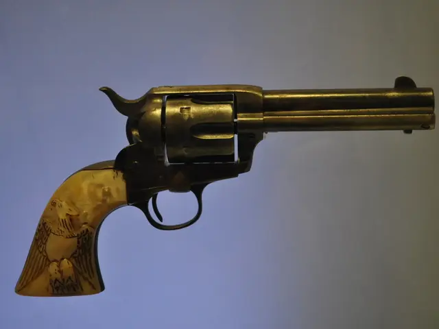 In the center of the image we can see one gun. In the background there is a wall. On the left side...