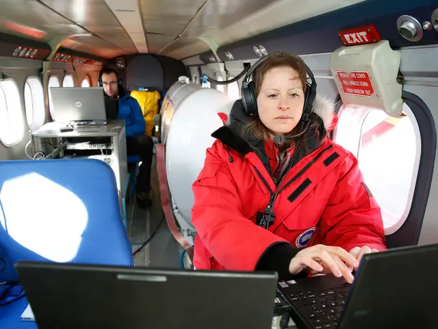 This picture shows a woman and a man seated and working on the laptops and we see they are seated...